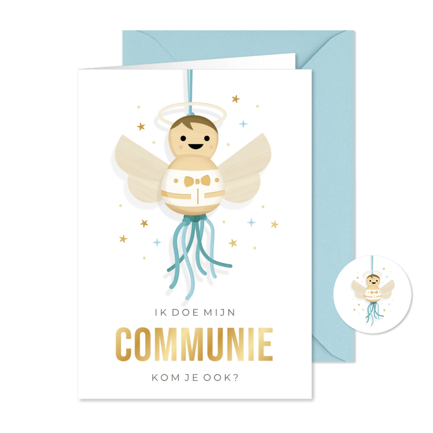 Uitnodiging communie jongen - met engeltje gelukspoppetje - Kaartimpressie