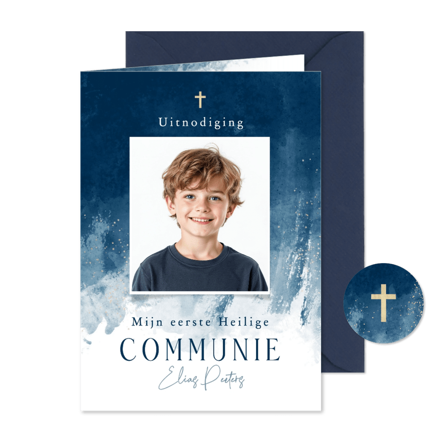Uitnodiging communie jongen stijlvol foto verf blauw goud - Kaartimpressie