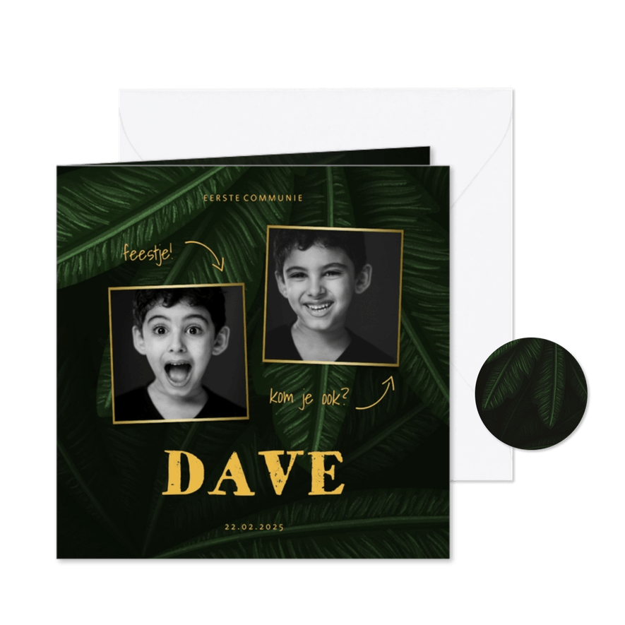 Uitnodiging communie jungle bladeren met foto's - Kaartimpressie