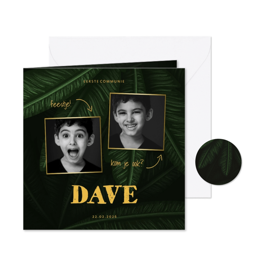 Uitnodiging communie jungle bladeren met foto's - Kaartimpressie