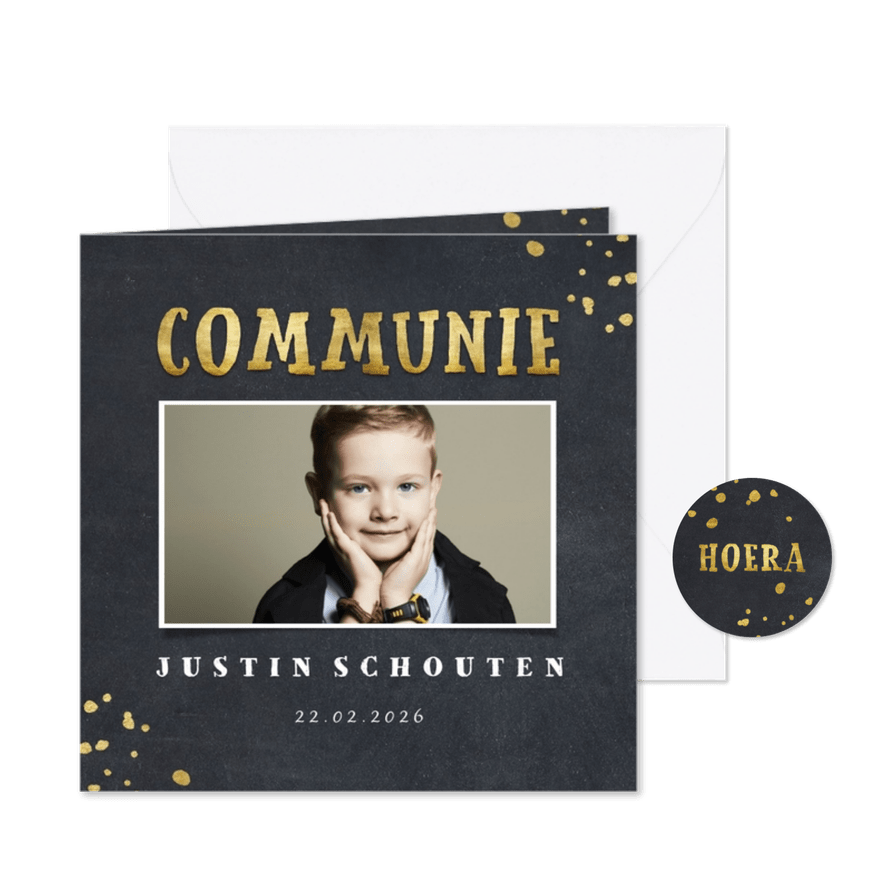 Uitnodiging communie krijtbord foto en gouden spetters - Kaartimpressie