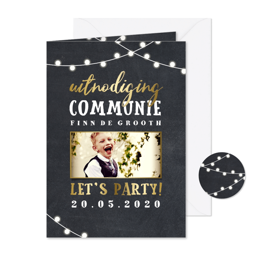 Uitnodiging communie lampjes goud met foto - Kaartimpressie
