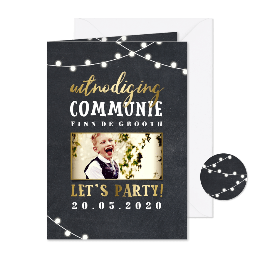 Uitnodiging communie lampjes goud met foto - Kaartimpressie