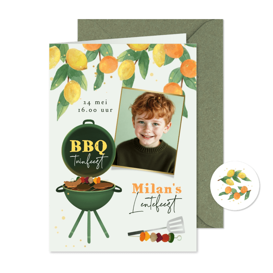 Uitnodiging communie lentefeest citrus bbq tuinfeest - Kaartimpressie