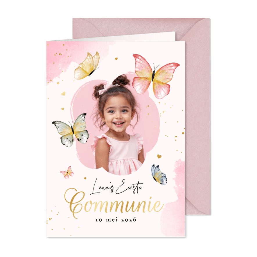 Uitnodiging communie lentefeest meisje roze waterverf foto - Kaartimpressie