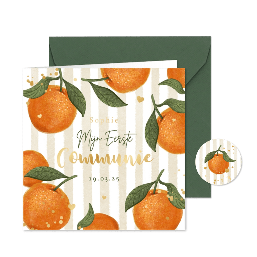 Uitnodiging communie mandarijnen citrus hip goud hartjes - Kaartimpressie