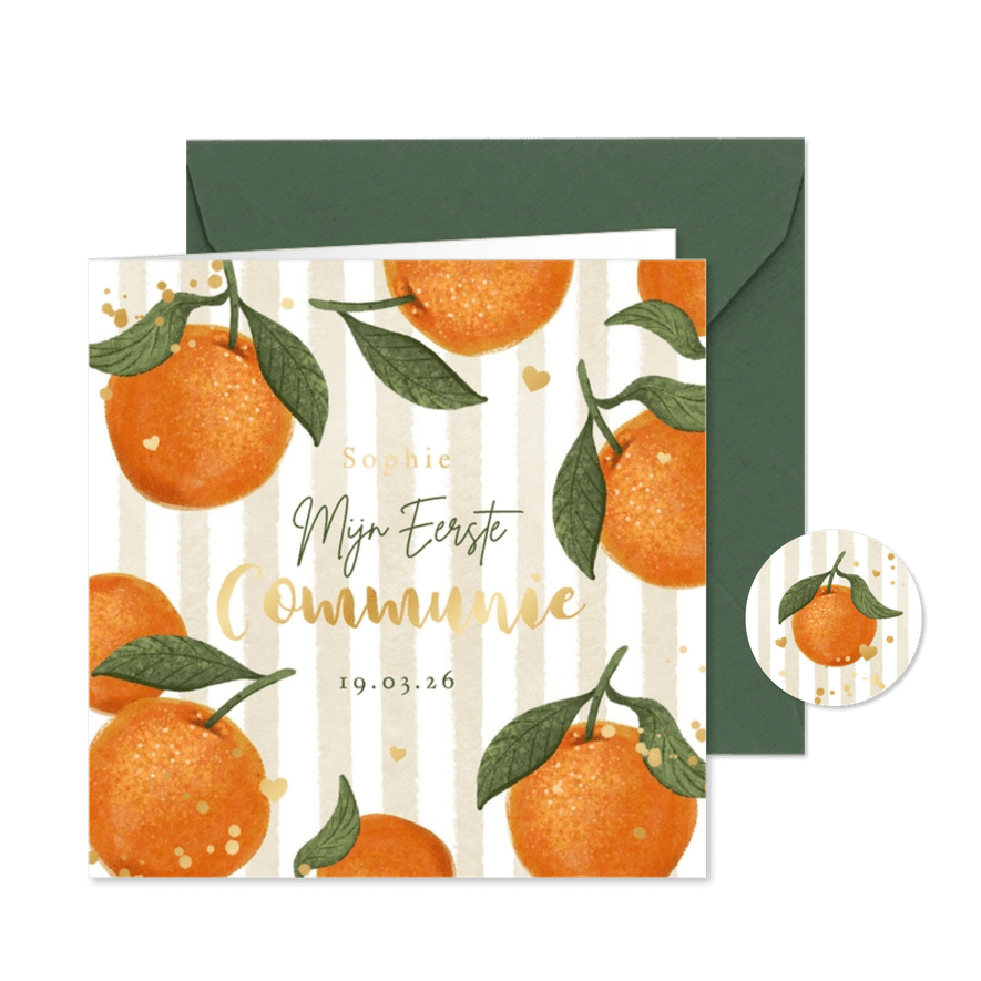 Uitnodiging communie mandarijnen citrus hip goud hartjes - Kaartimpressie