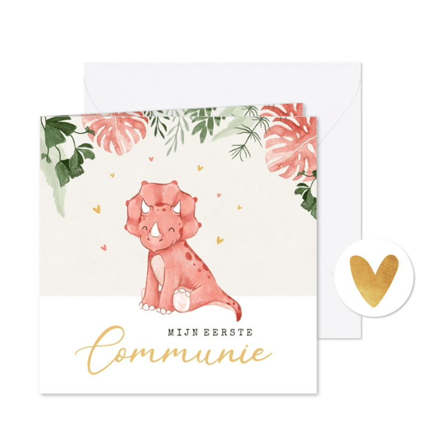 Uitnodiging communie meisje dino triceratops meisje hartjes - Kaartimpressie