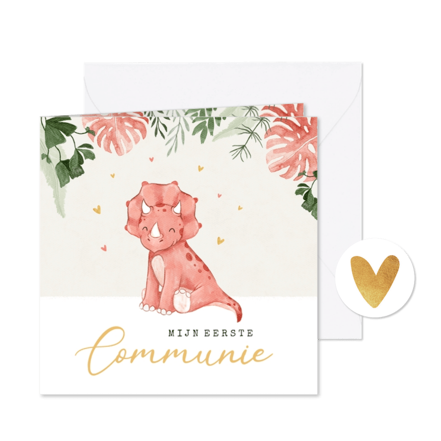 Uitnodiging communie meisje dino triceratops meisje hartjes - Kaartimpressie