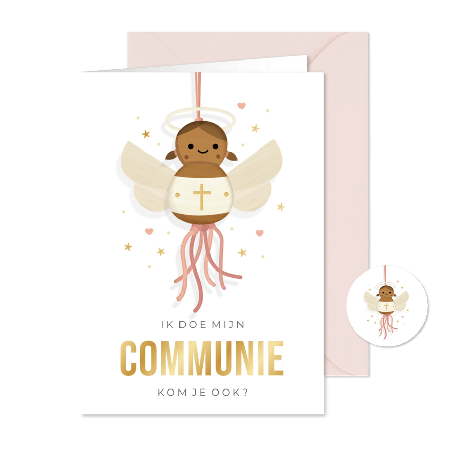Uitnodiging communie meisje donker engel gelukspoppetje - Kaartimpressie