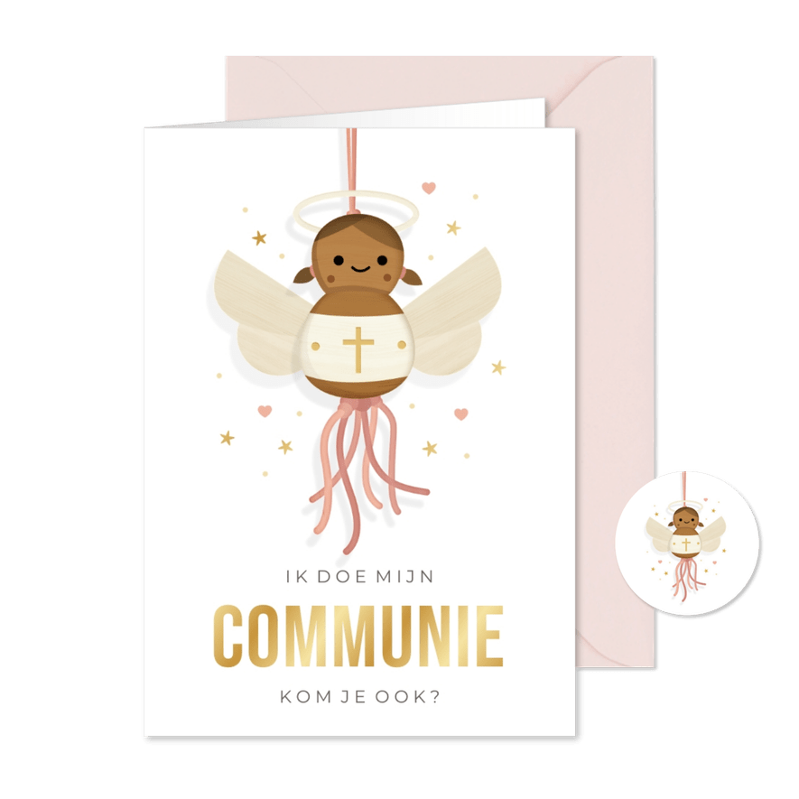 Uitnodiging communie meisje donker engel gelukspoppetje - Kaartimpressie