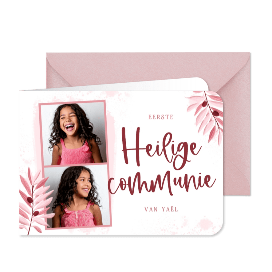 Uitnodiging communie meisje olijftakjes fotostrip roze - Kaartimpressie