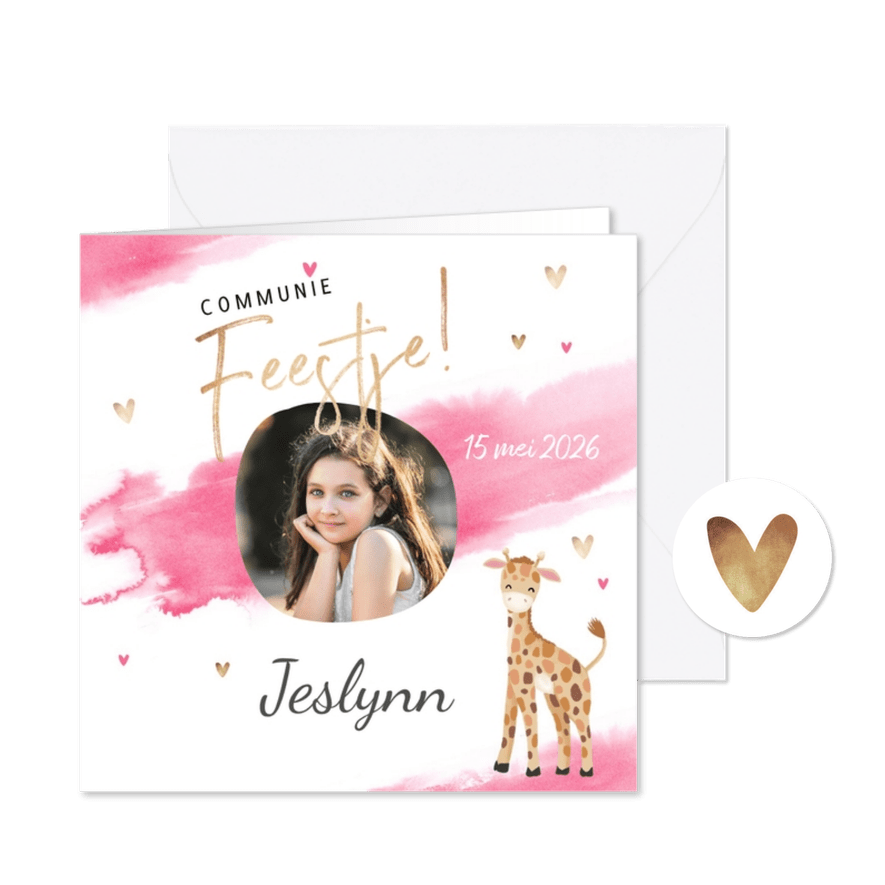 Uitnodiging communie meisje waterverf giraf hartjes - Kaartimpressie