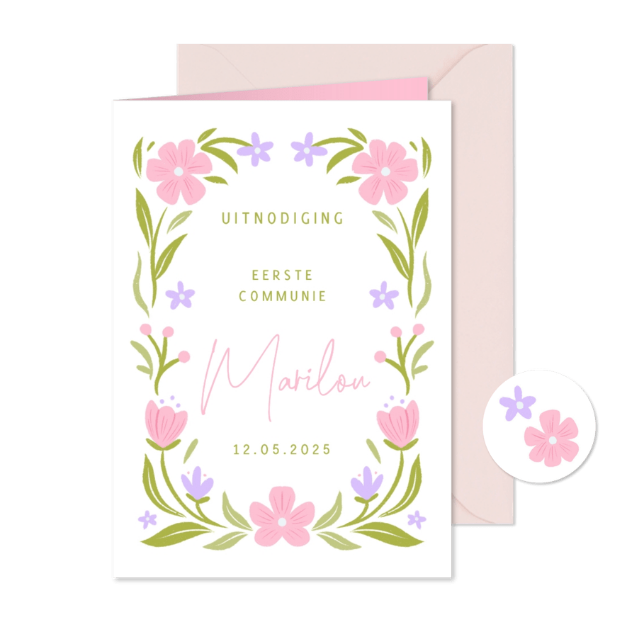 Uitnodiging communie met bloemen in pastel roze en groen - Kaartimpressie
