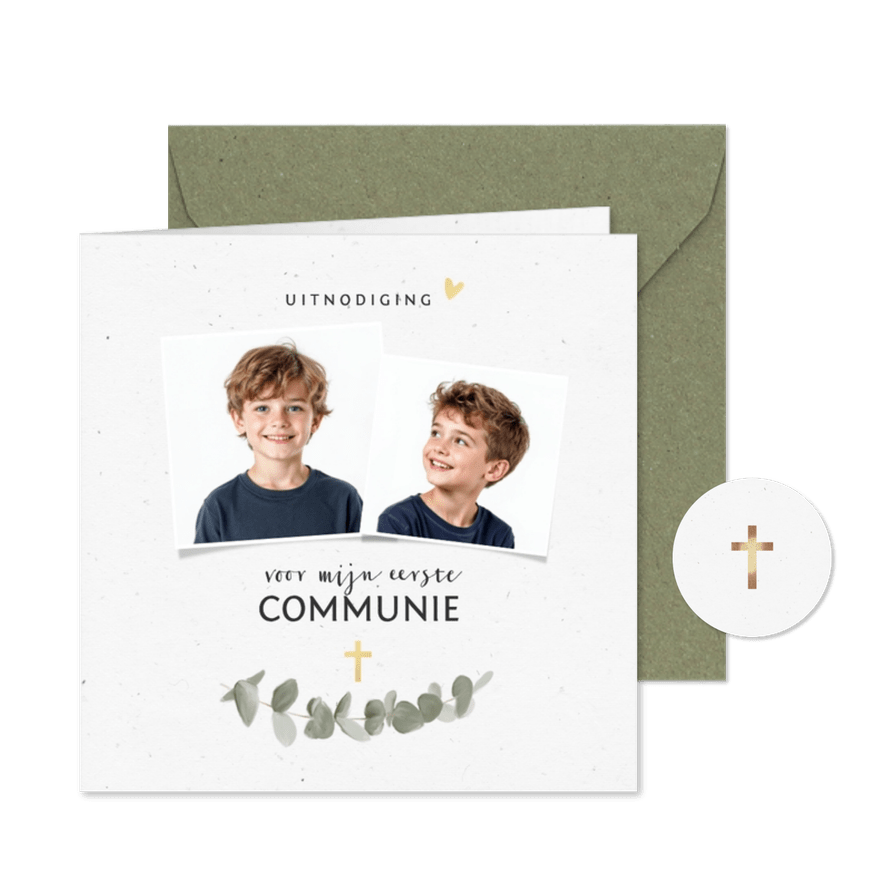 Uitnodiging communie met eucalyptus en foto's - Kaartimpressie