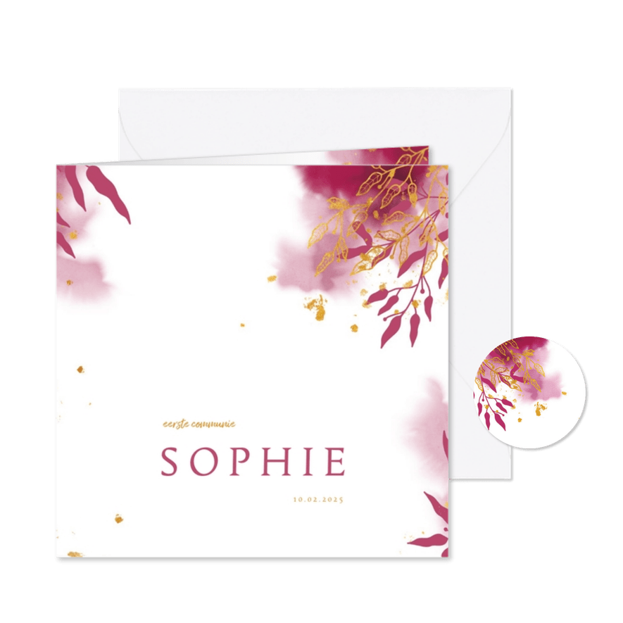 Uitnodiging communie met gouden bladeren en roze waterverf - Kaartimpressie