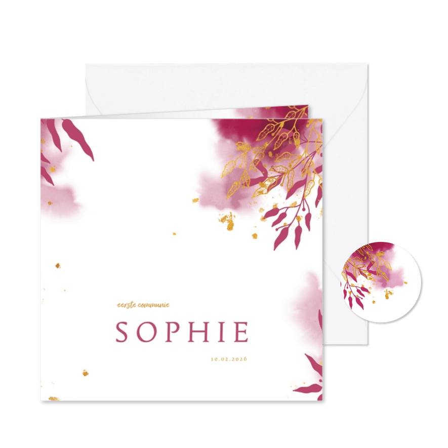 Uitnodiging communie met gouden bladeren en roze waterverf - Kaartimpressie