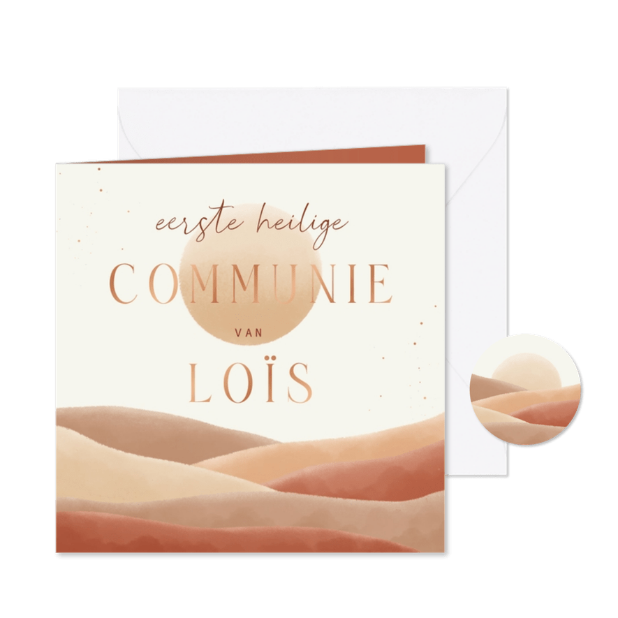 Uitnodiging communie met landschapje en koperfolie - Kaartimpressie