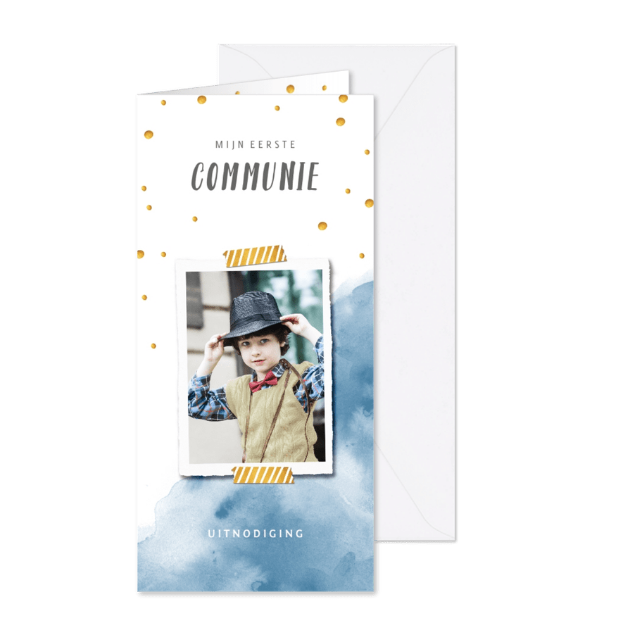 Uitnodiging communie met waterverf en feestelijke confetti - Kaartimpressie