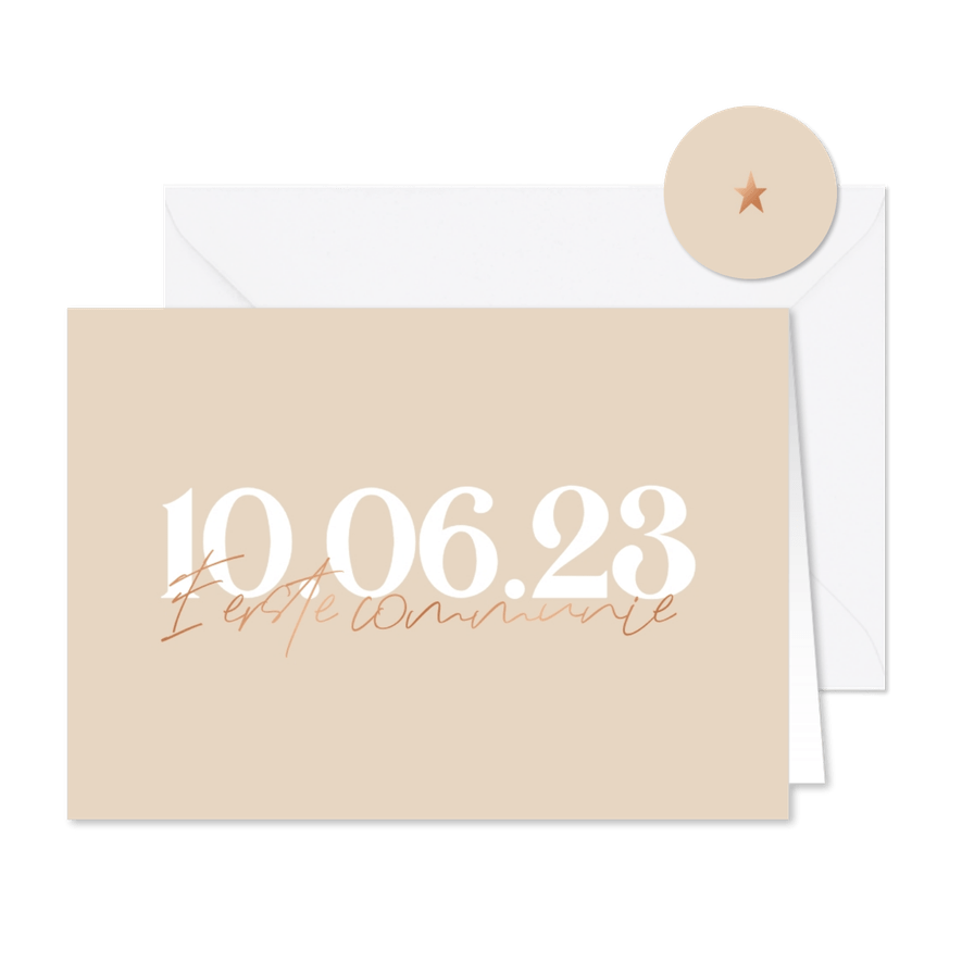 Uitnodiging communie minimalistisch grote tekst met folie - Kaartimpressie