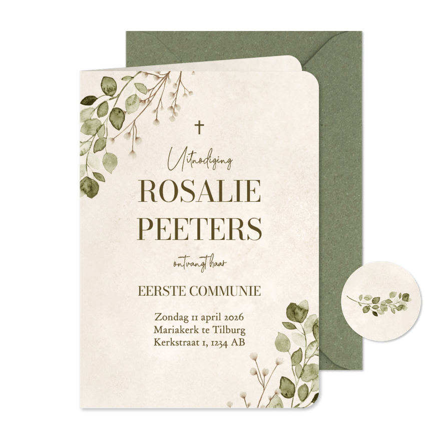 Uitnodiging communie natuurlijk eucalyptus zand klassiek - Kaartimpressie