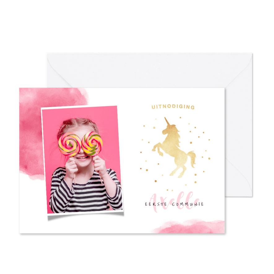 Uitnodiging communie of lentefeest unicorn meisje - Kaartimpressie