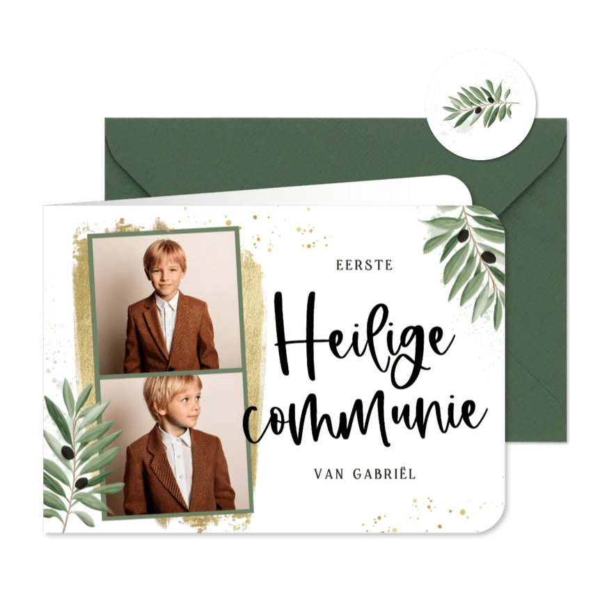 Uitnodiging communie olijftakjes fotostrip goud - Kaartimpressie