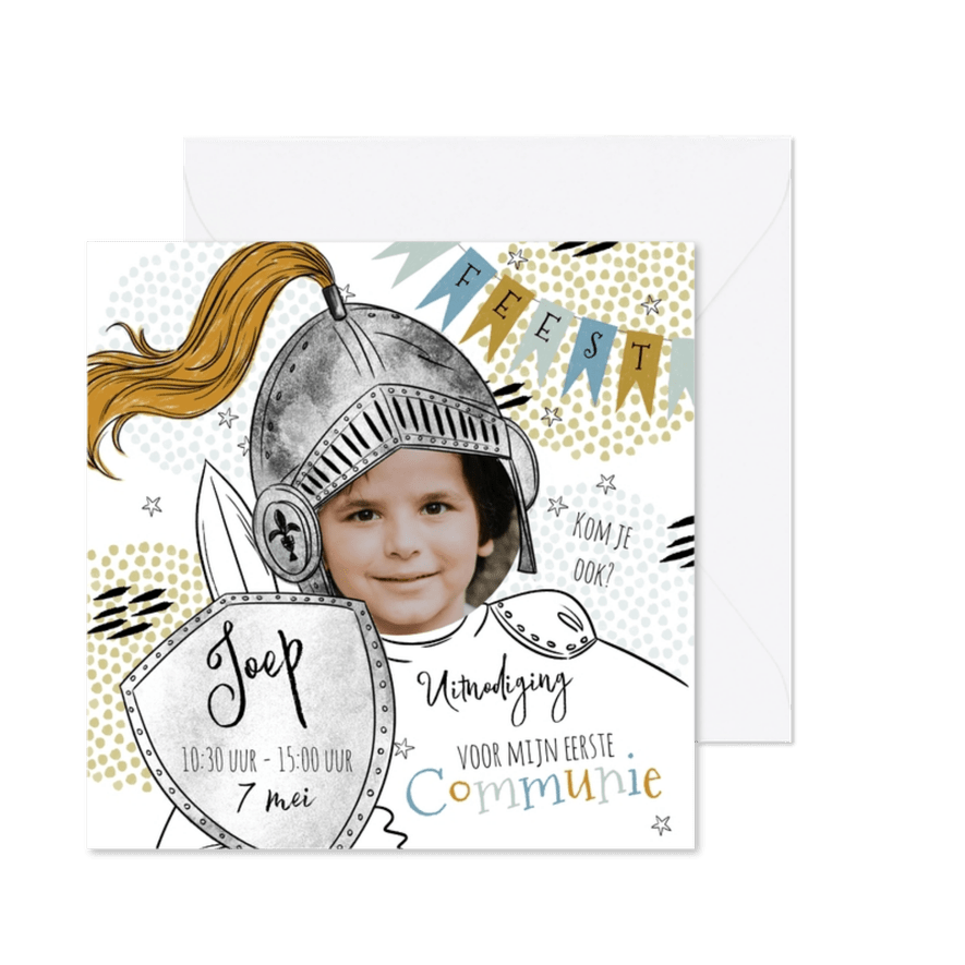 Uitnodiging communie ridder foto schild vlaggen zwaard - Kaartimpressie