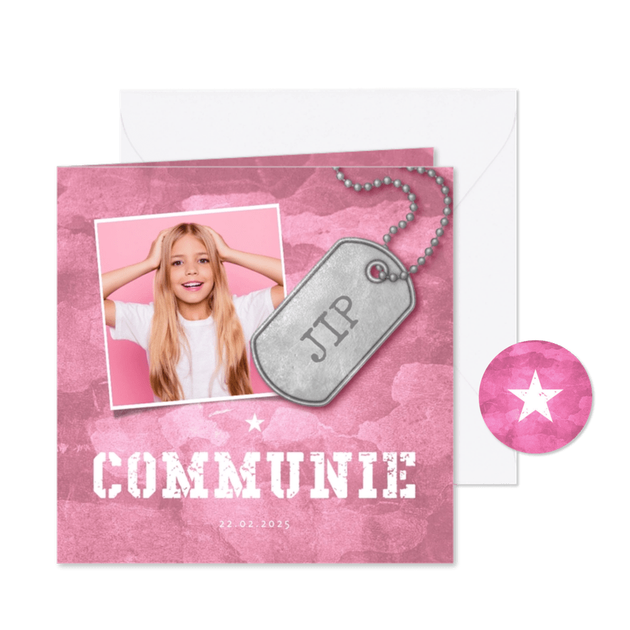 Uitnodiging communie roze stoer met foto en legerplaatje - Kaartimpressie