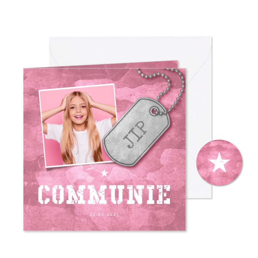 Uitnodiging communie roze stoer met foto en legerplaatje - Kaartimpressie