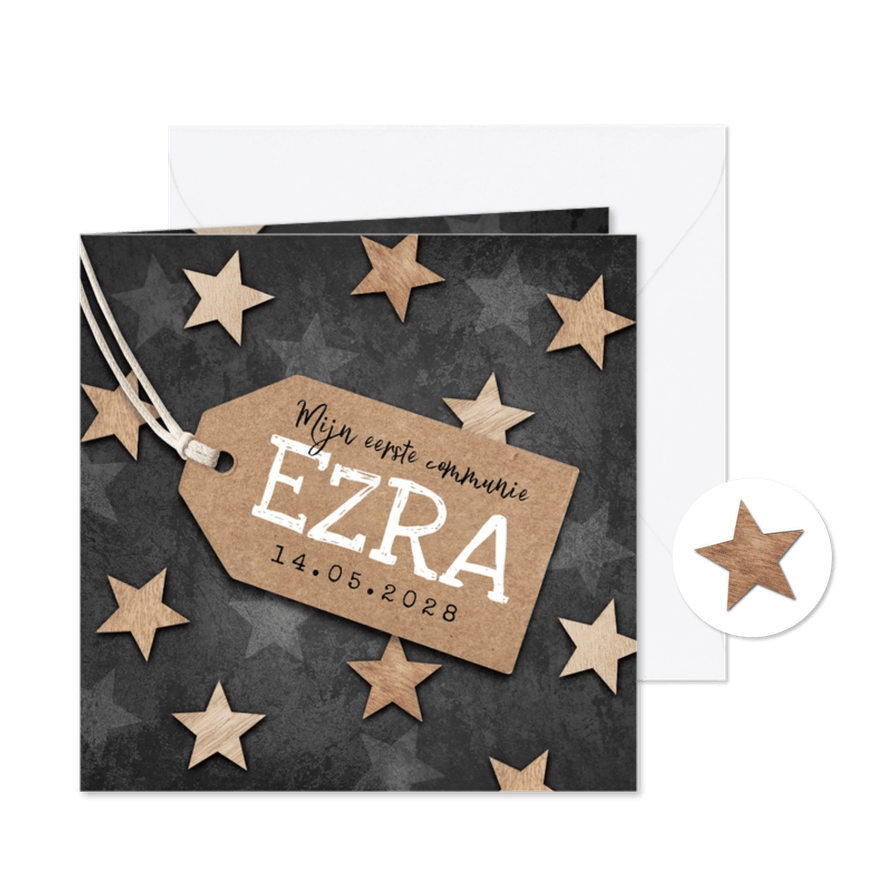 Uitnodiging communie sterren hout krijtbord label stoer - Kaartimpressie