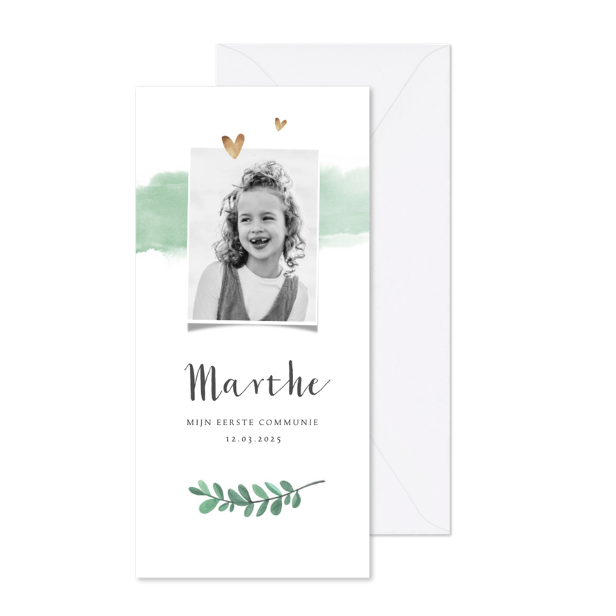 Uitnodiging communie stijlvol waterverf pastelgroen - Kaartimpressie