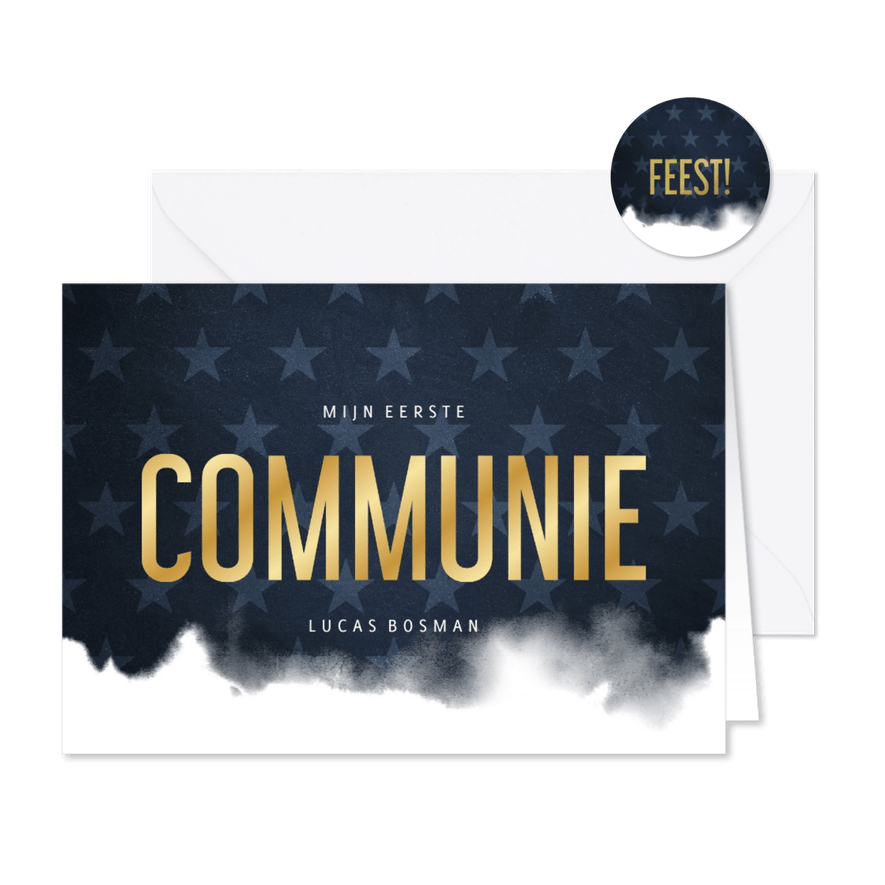 Uitnodiging communie stoer waterverf blauw met sterren - Kaartimpressie