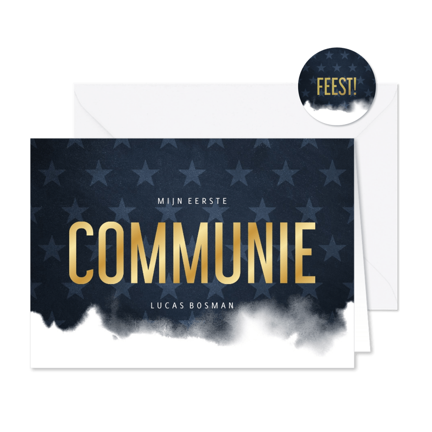 Uitnodiging communie stoer waterverf blauw met sterren - Kaartimpressie