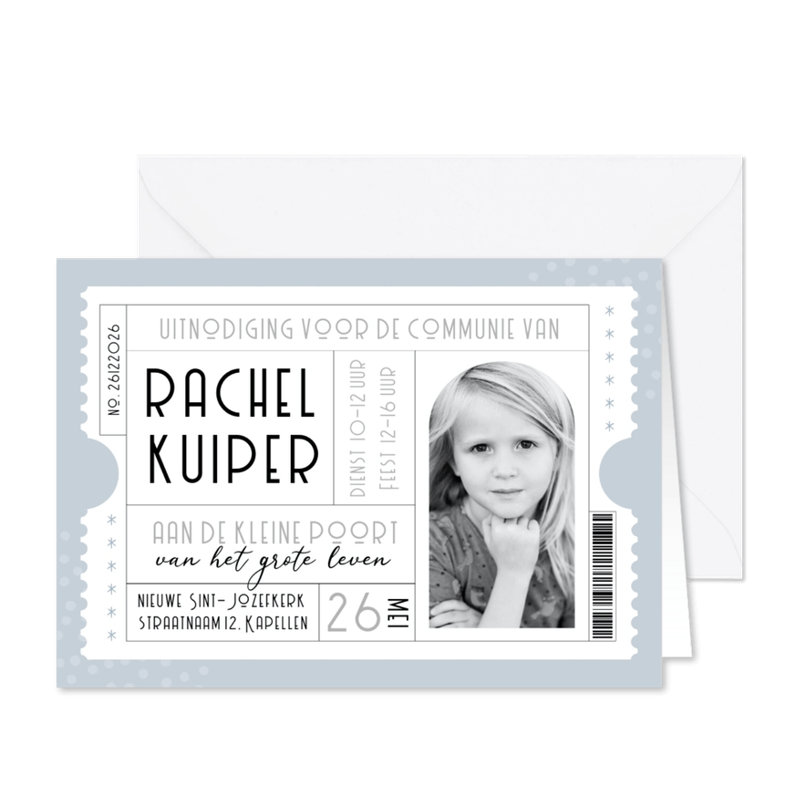 Uitnodiging communie ticket blauw met foto - Kaartimpressie