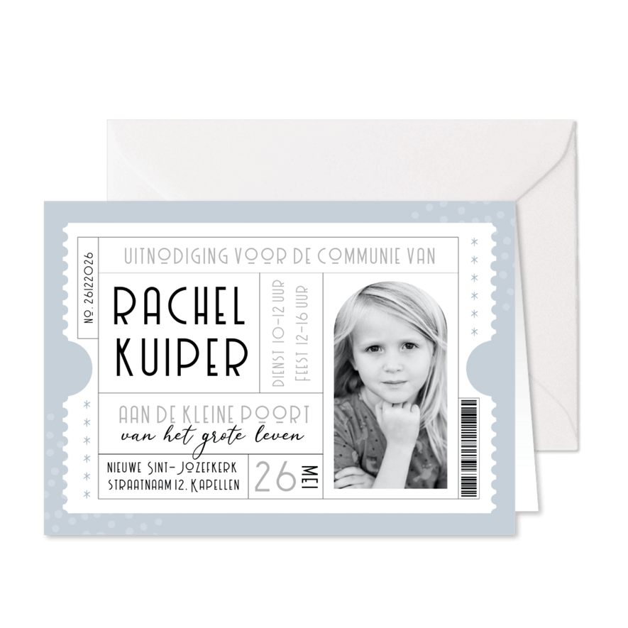 Uitnodiging communie ticket blauw met foto - Kaartimpressie