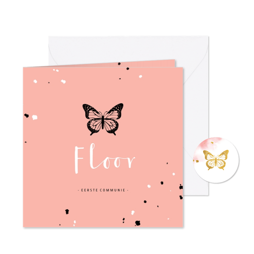 Uitnodiging communie zwarte vlinder met spetters - Kaartimpressie
