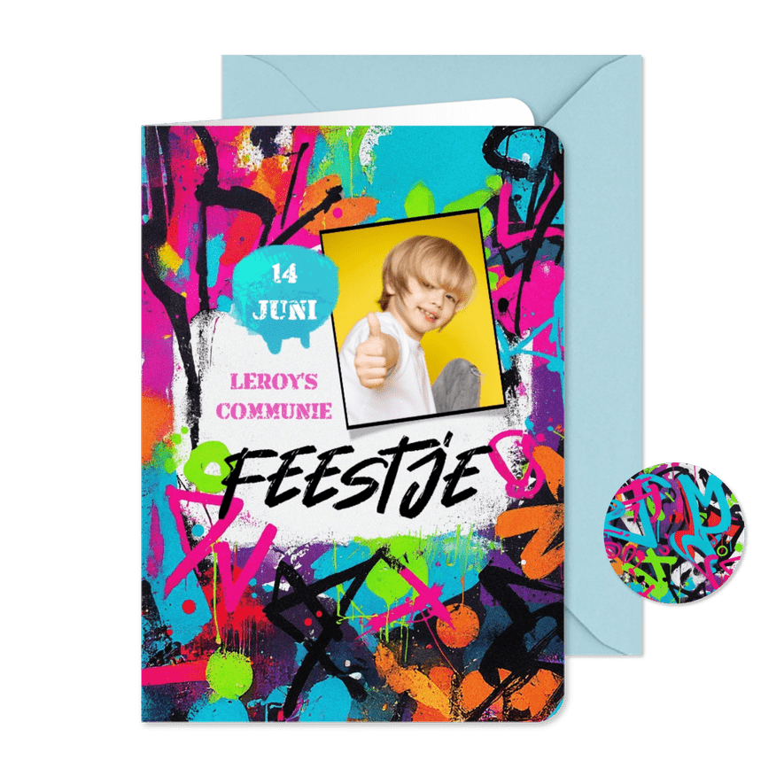 Uitnodiging communiefeest graffiti stoer lentefeest - Kaartimpressie