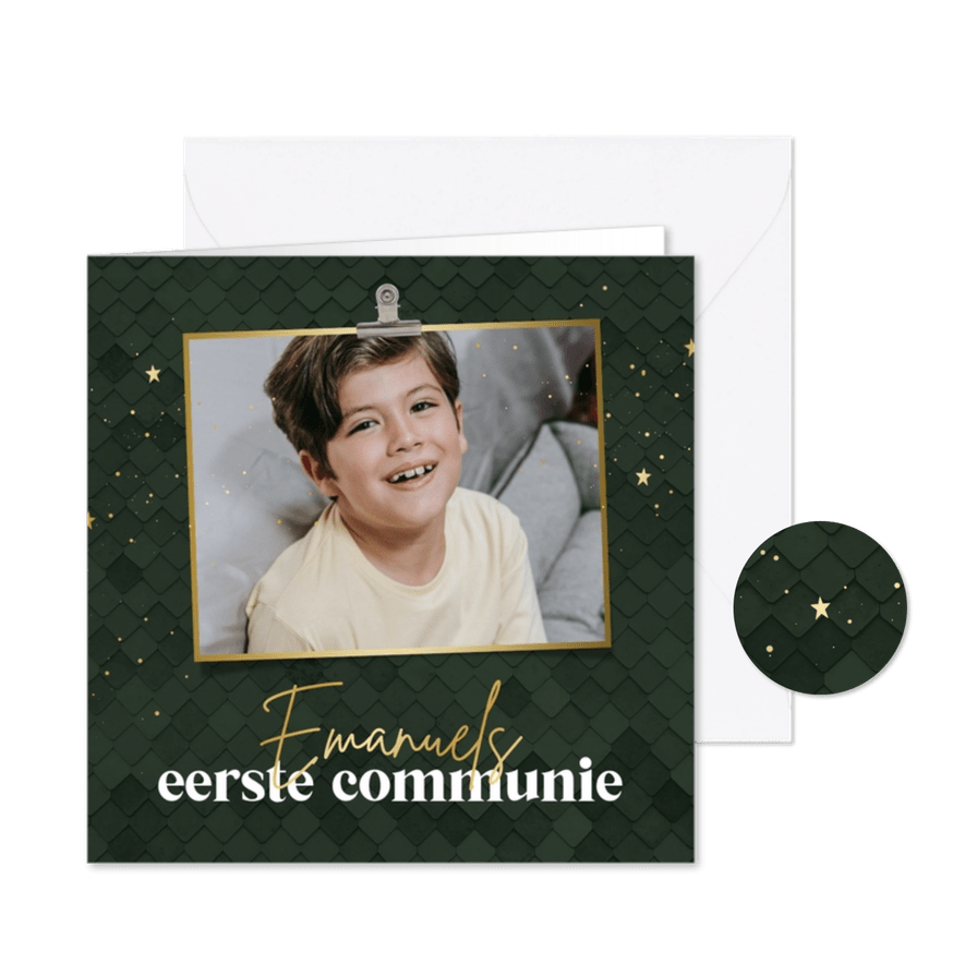 Uitnodiging communiefeest groen met patroon - Kaartimpressie