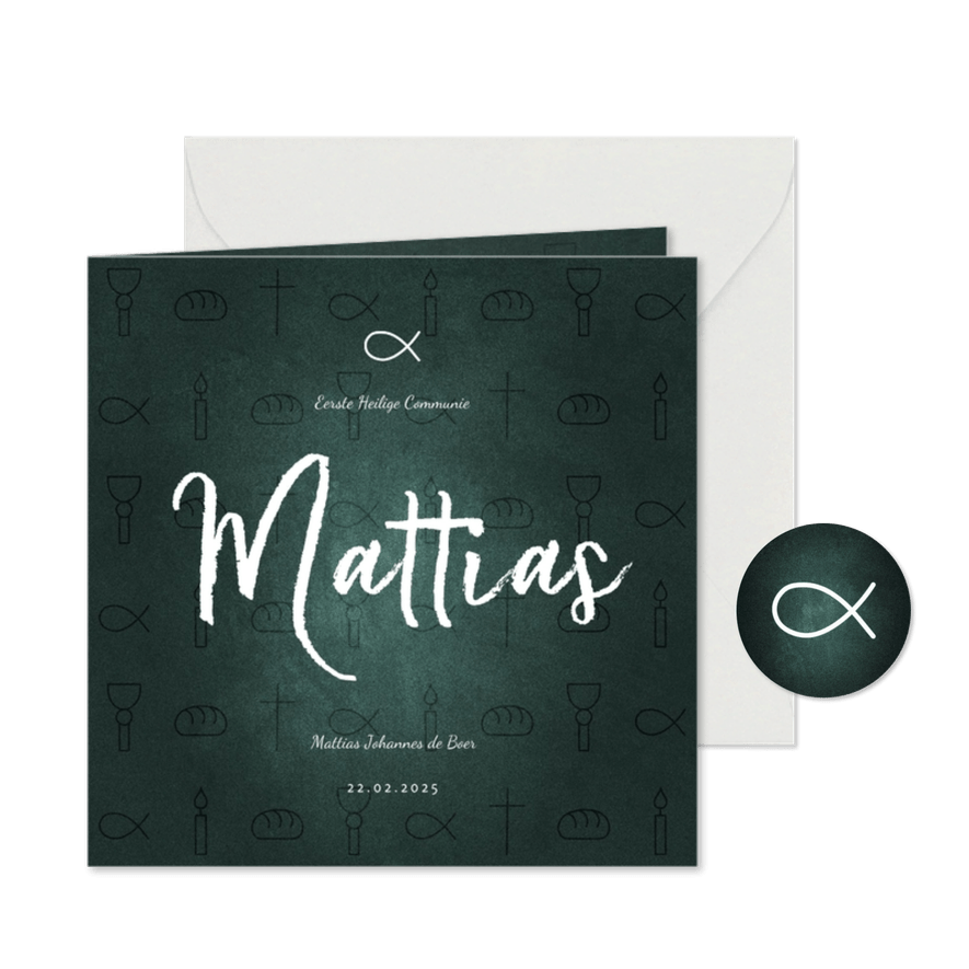 Uitnodiging communiefeest jongen christelijke symbolen - Kaartimpressie