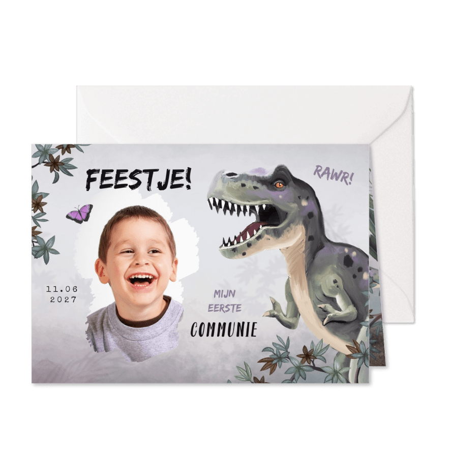 Uitnodiging communiefeest jongen t-rex dino jungle - Kaartimpressie