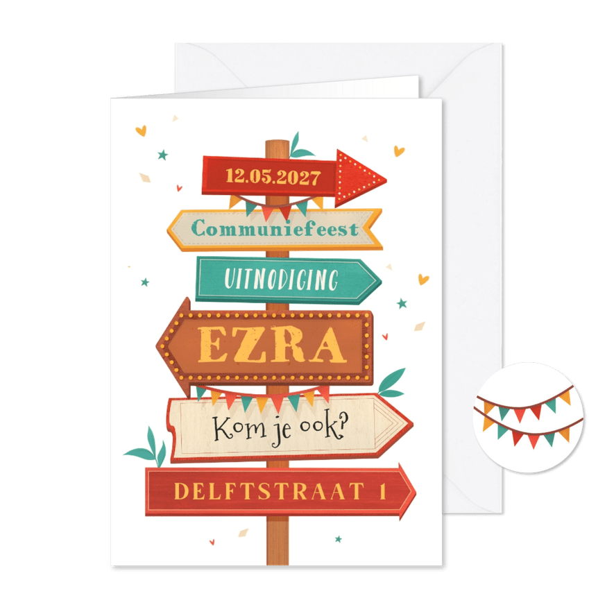 Uitnodiging communiefeest lentefeest wegwijzers vrolijk - Kaartimpressie