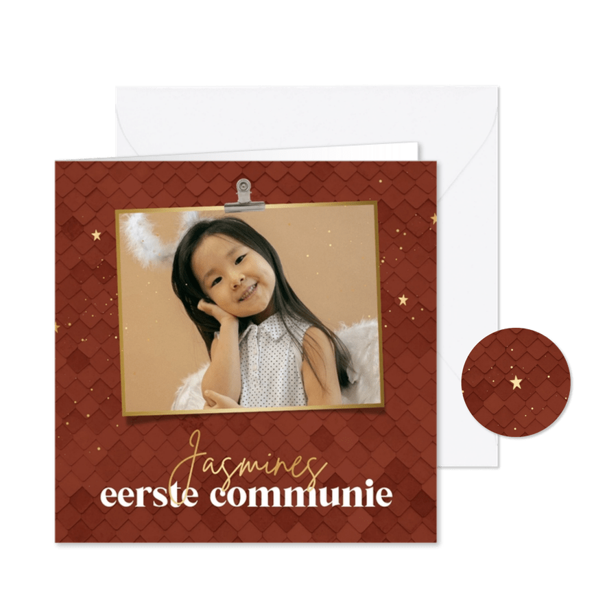 Uitnodiging communiefeest roestbruin patroon en goudfolie - Kaartimpressie