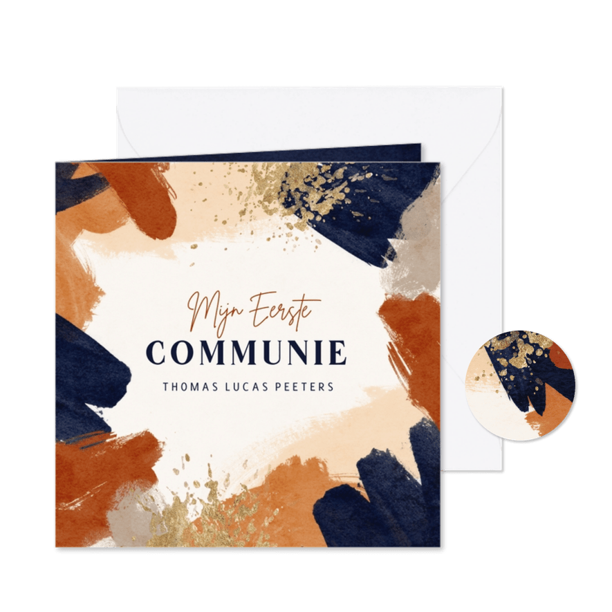 Uitnodiging communiefeest verf terra cotta blauw goud - Kaartimpressie