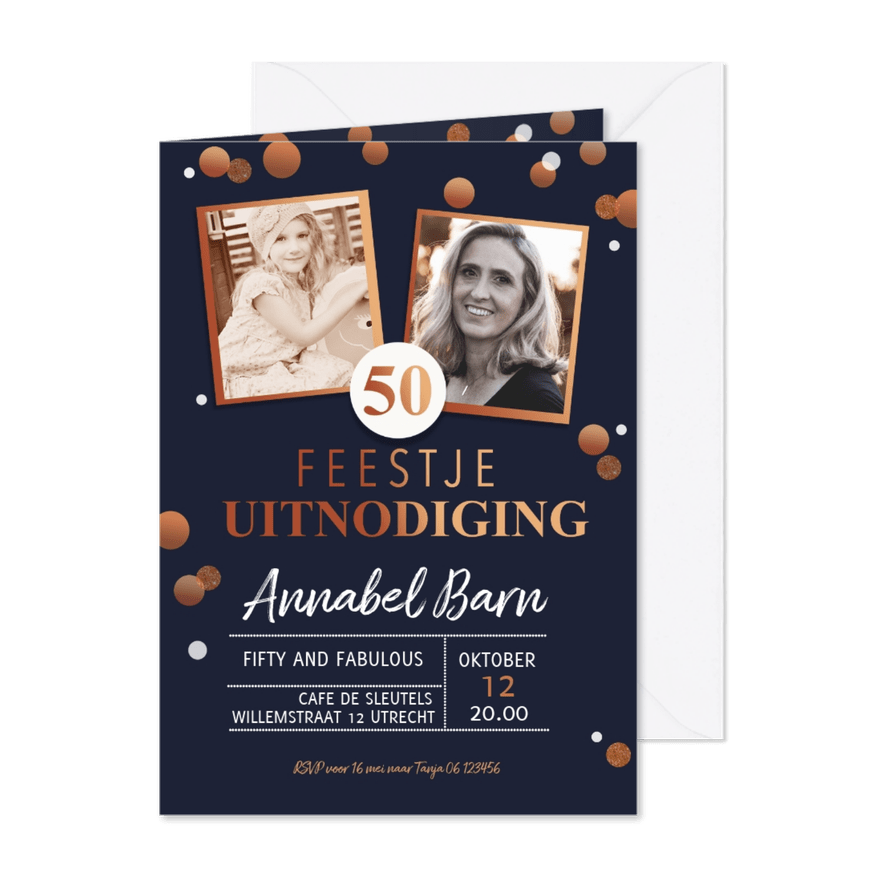 Uitnodiging confetti koperlook - Kaartimpressie