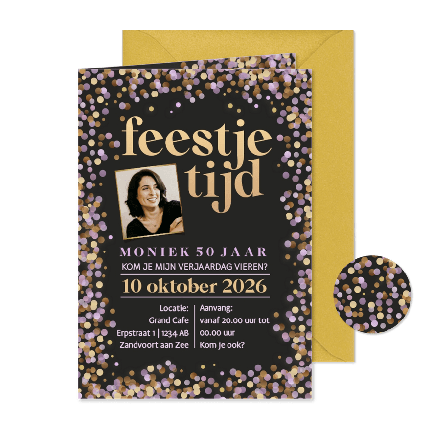 Uitnodiging confetti lila met goudtinten - Kaartimpressie