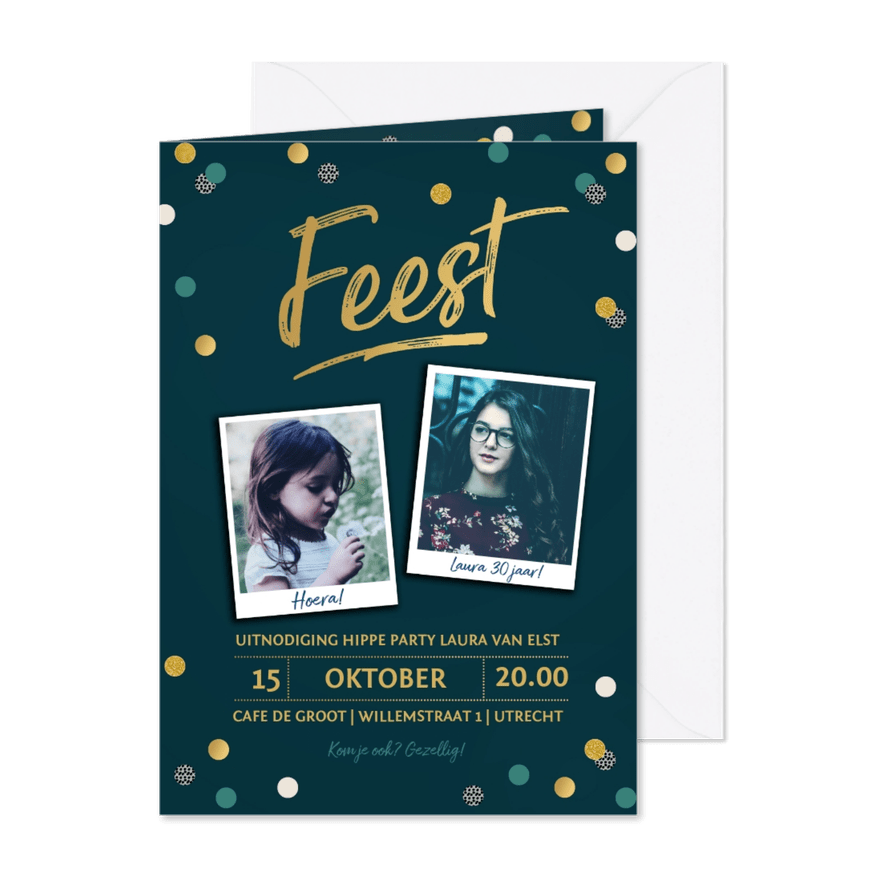 Uitnodiging confetti met goudlook - Kaartimpressie