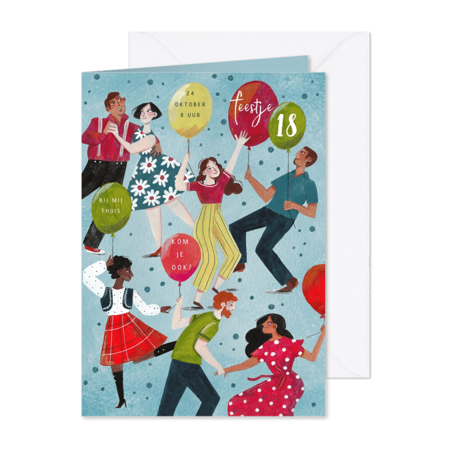 Uitnodiging dansende mensen en ballonnen - Kaartimpressie