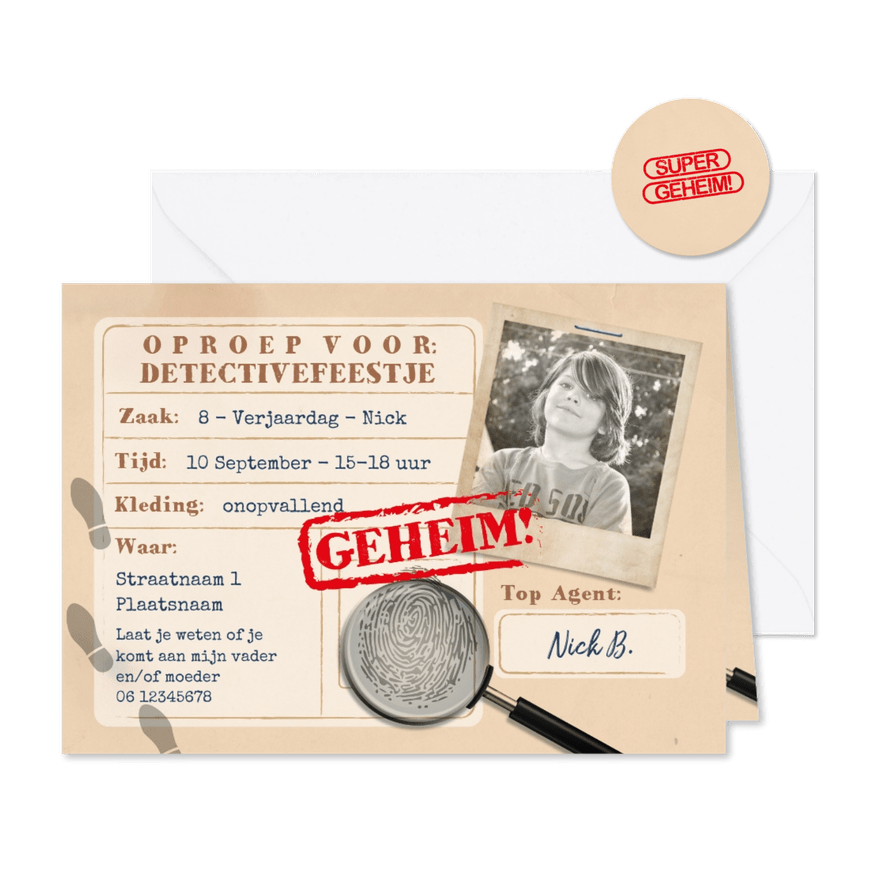 Uitnodiging detective kinderfeestje - Kaartimpressie