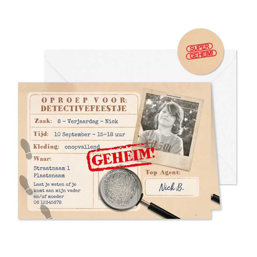 Uitnodiging detective kinderfeestje - Kaartimpressie